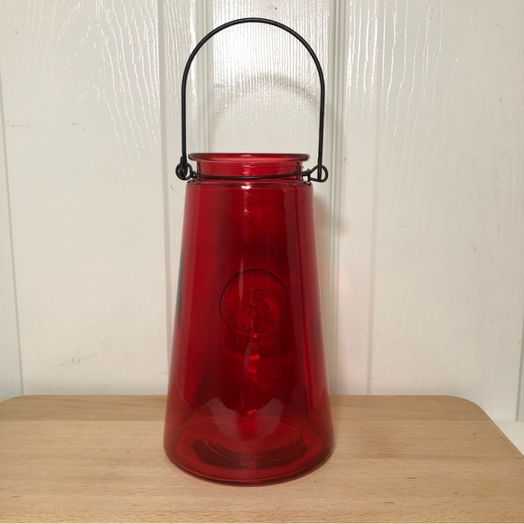 Genuine Crafted & Original Red Glass Ribbed Candle Holder with Metal Wire Handle - Picture 5 of 11